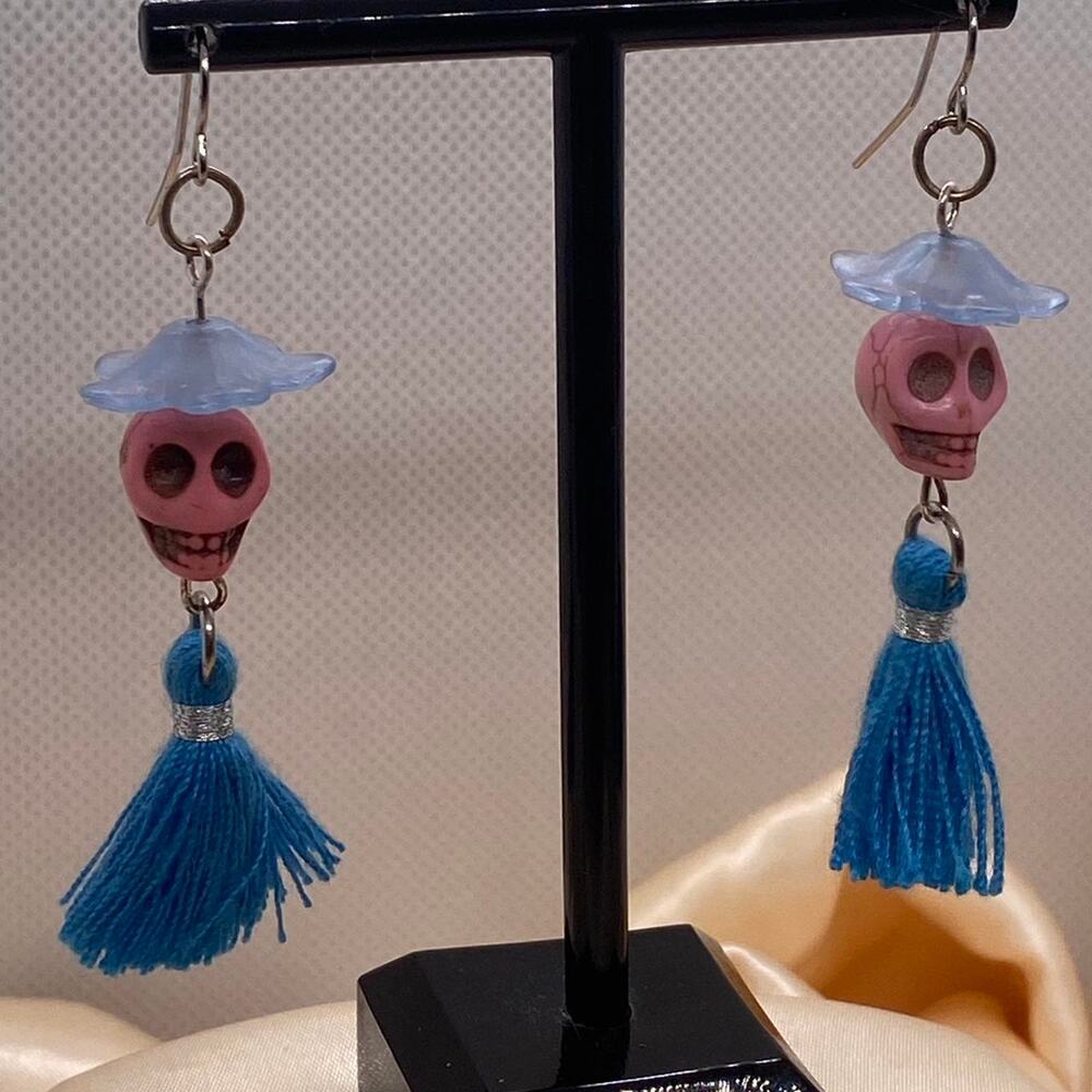 Whimsical Skull Tassel Blue & Pink Boho Festival Dangle earrings